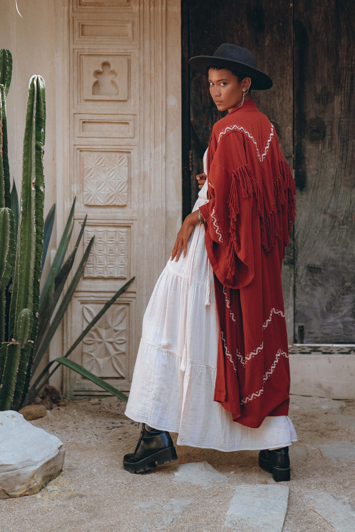 Red Organic Poncho Cape • Boho Cardigan Women • Cotton Kimono Cover Up - AYA SW IDR