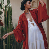 Red Organic Poncho Cape • Boho Cardigan Women • Cotton Kimono Cover Up - AYA SW IDR