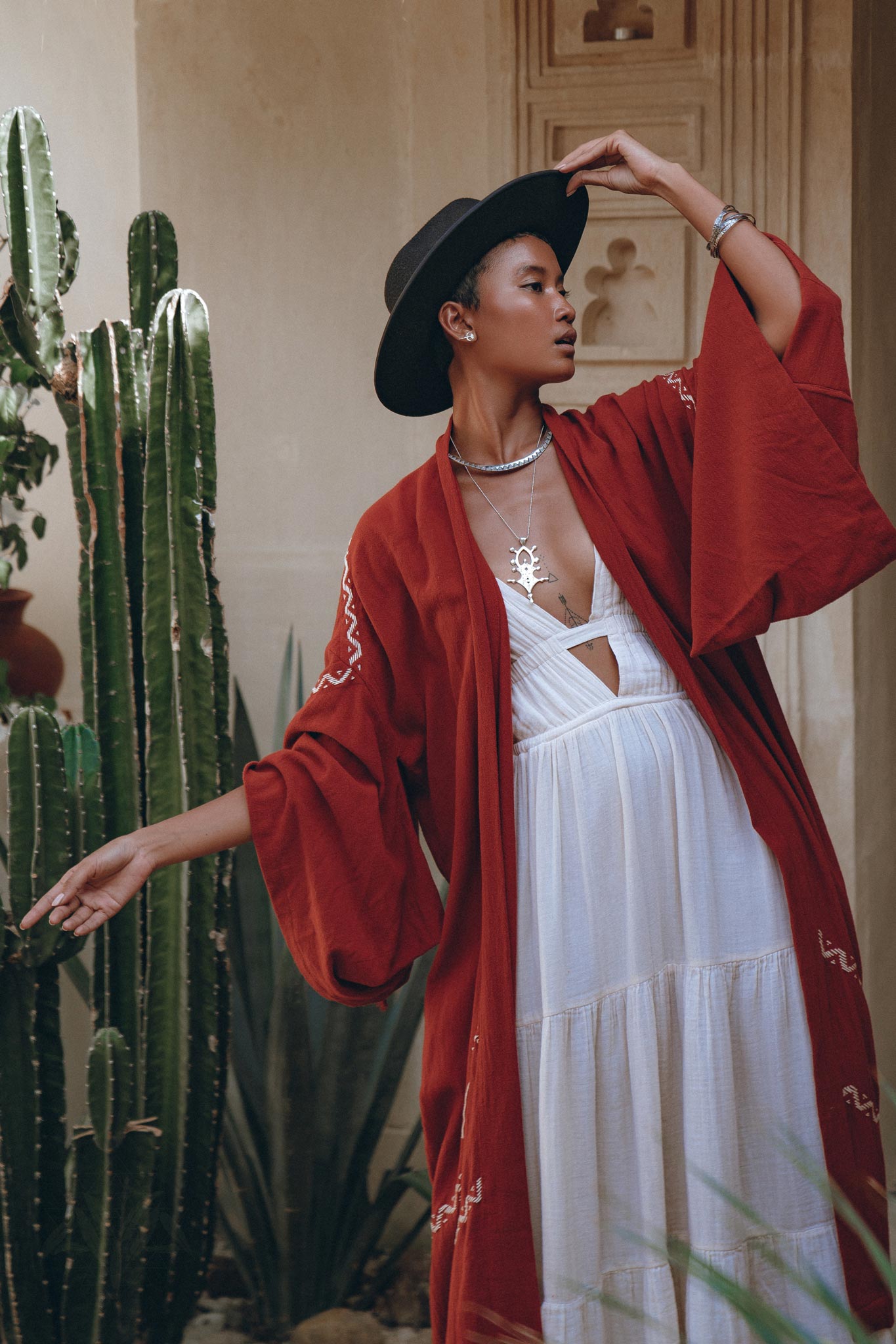 Red Organic Poncho Cape • Boho Cardigan Women • Cotton Kimono Cover Up - AYA SW IDR