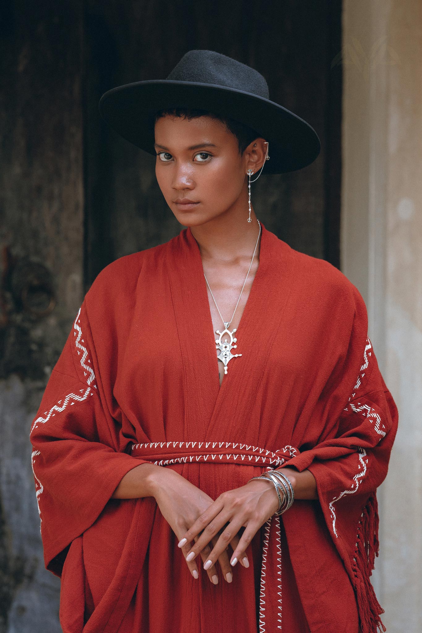 Red Organic Poncho Cape • Boho Cardigan Women • Cotton Kimono Cover Up - AYA SW IDR