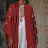 Red Organic Poncho Cape • Boho Cardigan Women • Cotton Kimono Cover Up - AYA SW IDR