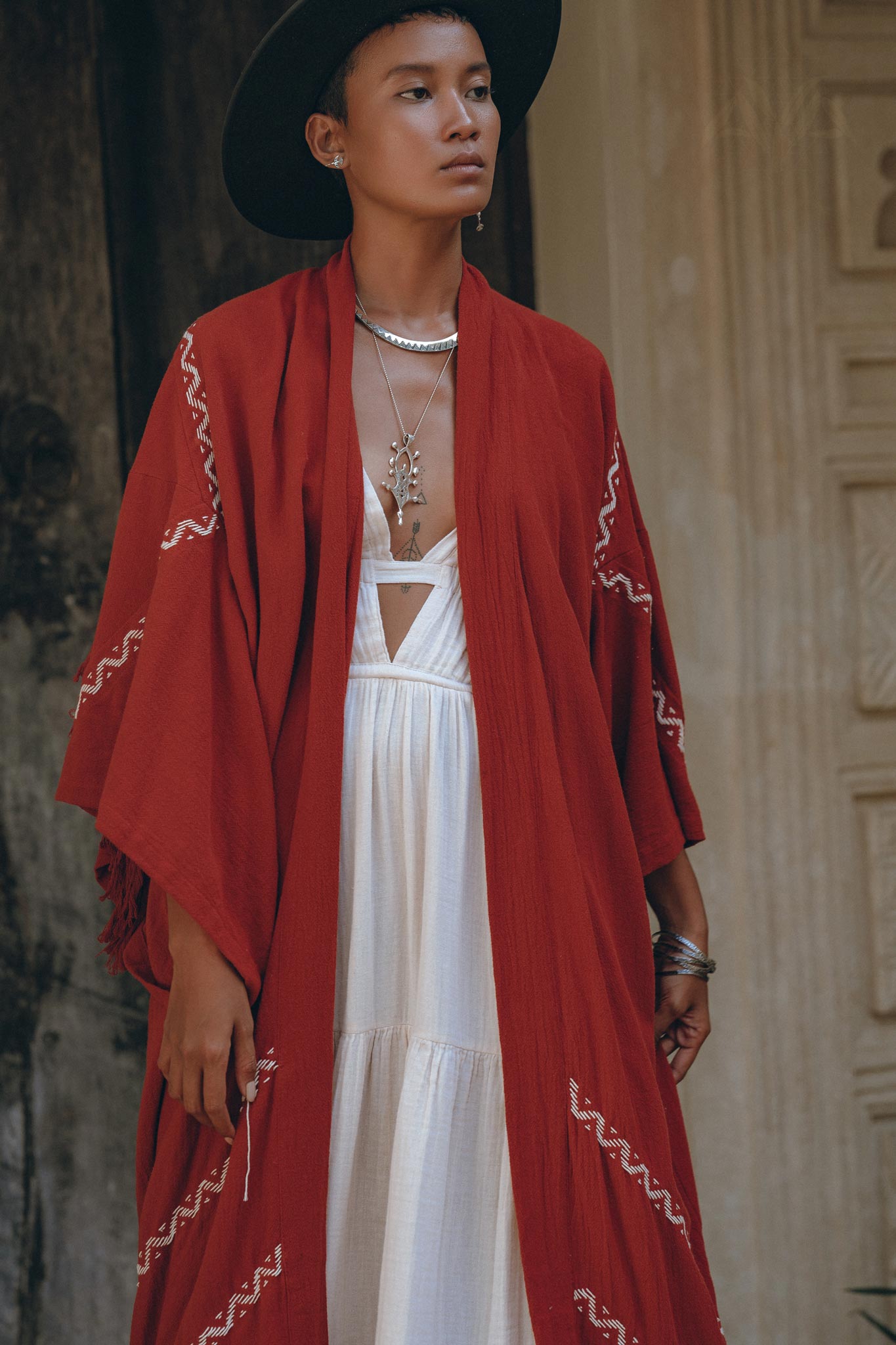 Red Organic Poncho Cape • Boho Cardigan Women • Cotton Kimono Cover Up - AYA SW IDR