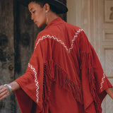 Red Organic Poncho Cape • Boho Cardigan Women • Cotton Kimono Cover Up - AYA SW IDR