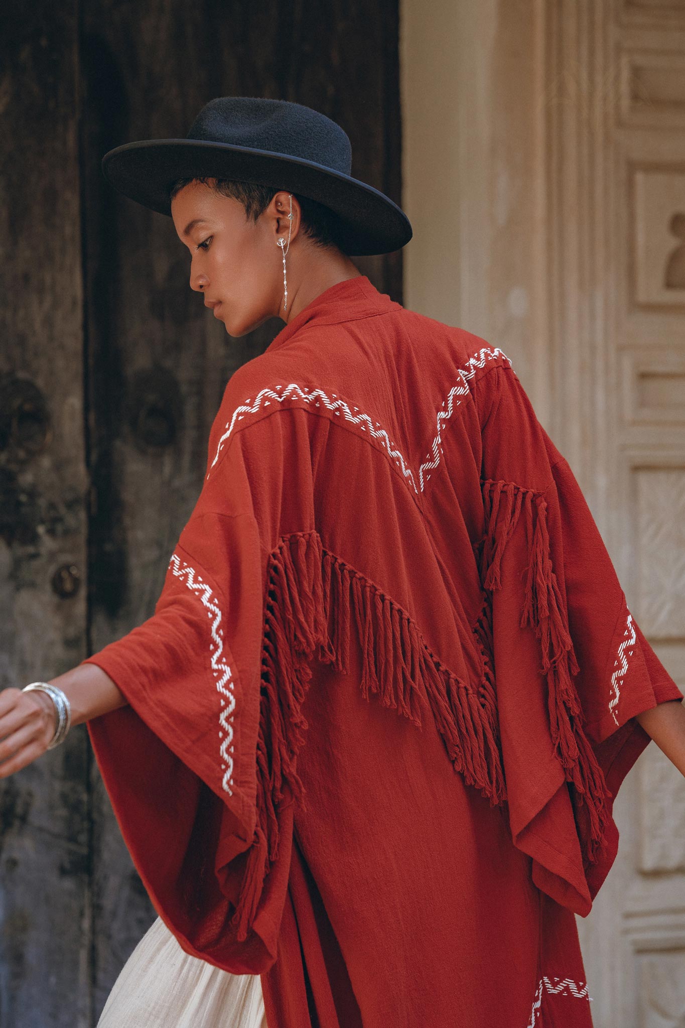 Red Organic Poncho Cape • Boho Cardigan Women • Cotton Kimono Cover Up - AYA SW IDR