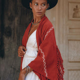 Red Organic Poncho Cape • Boho Cardigan Women • Cotton Kimono Cover Up - AYA SW IDR