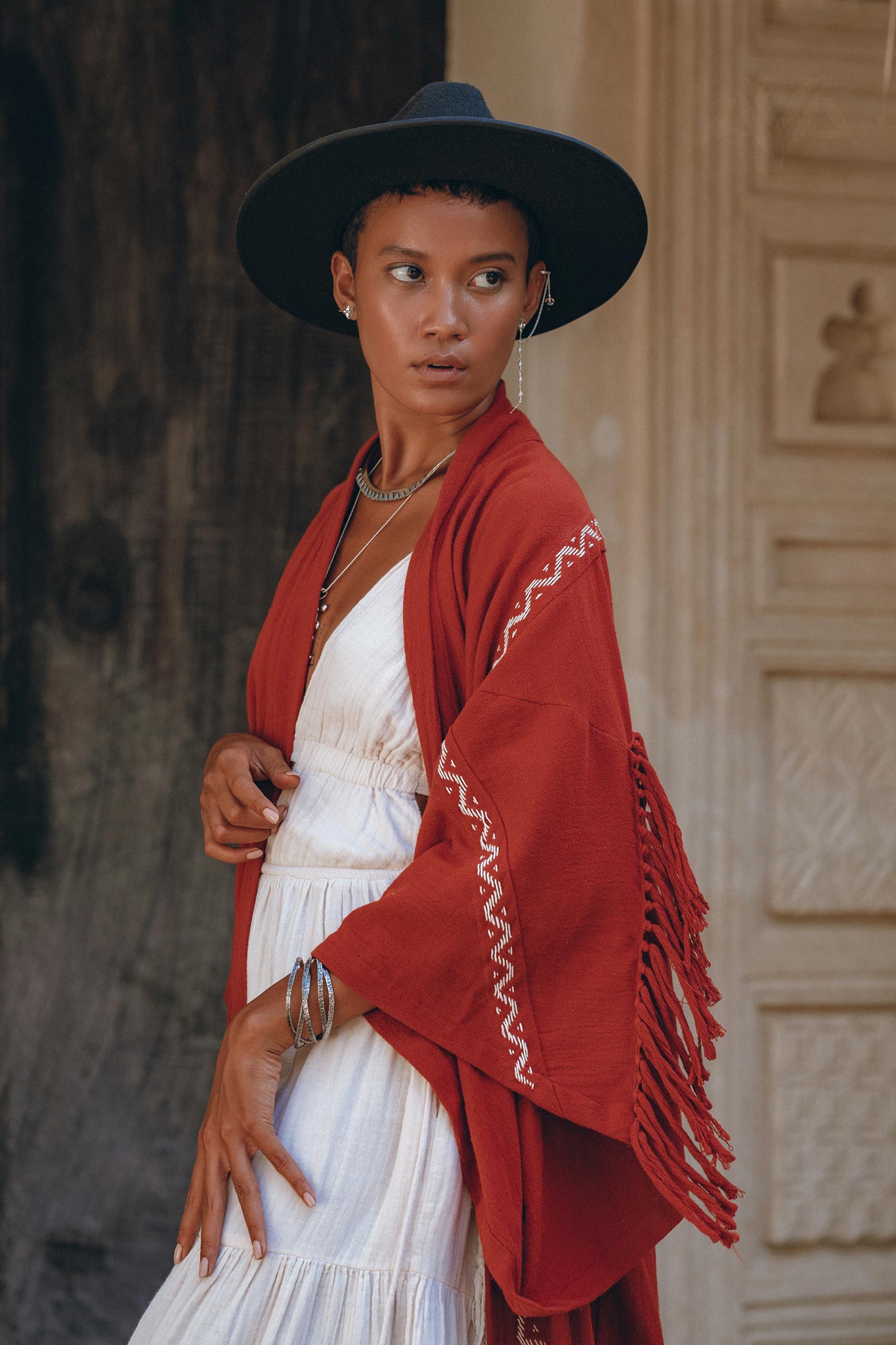 Red Organic Poncho Cape • Boho Cardigan Women • Cotton Kimono Cover Up - AYA SW IDR