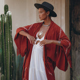 Red Organic Poncho Cape • Boho Cardigan Women • Cotton Kimono Cover Up - AYA SW IDR