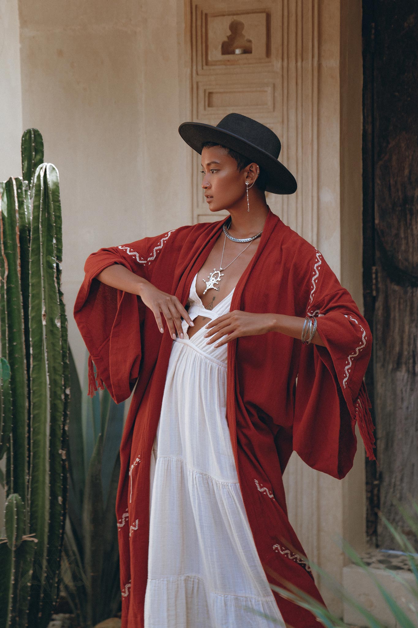 Red Organic Poncho Cape • Boho Cardigan Women • Cotton Kimono Cover Up - AYA SW IDR