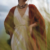 Red Poncho Robe • Boho Cape for Women • Bohemian Kimono Overcoat - AYA SW IDR