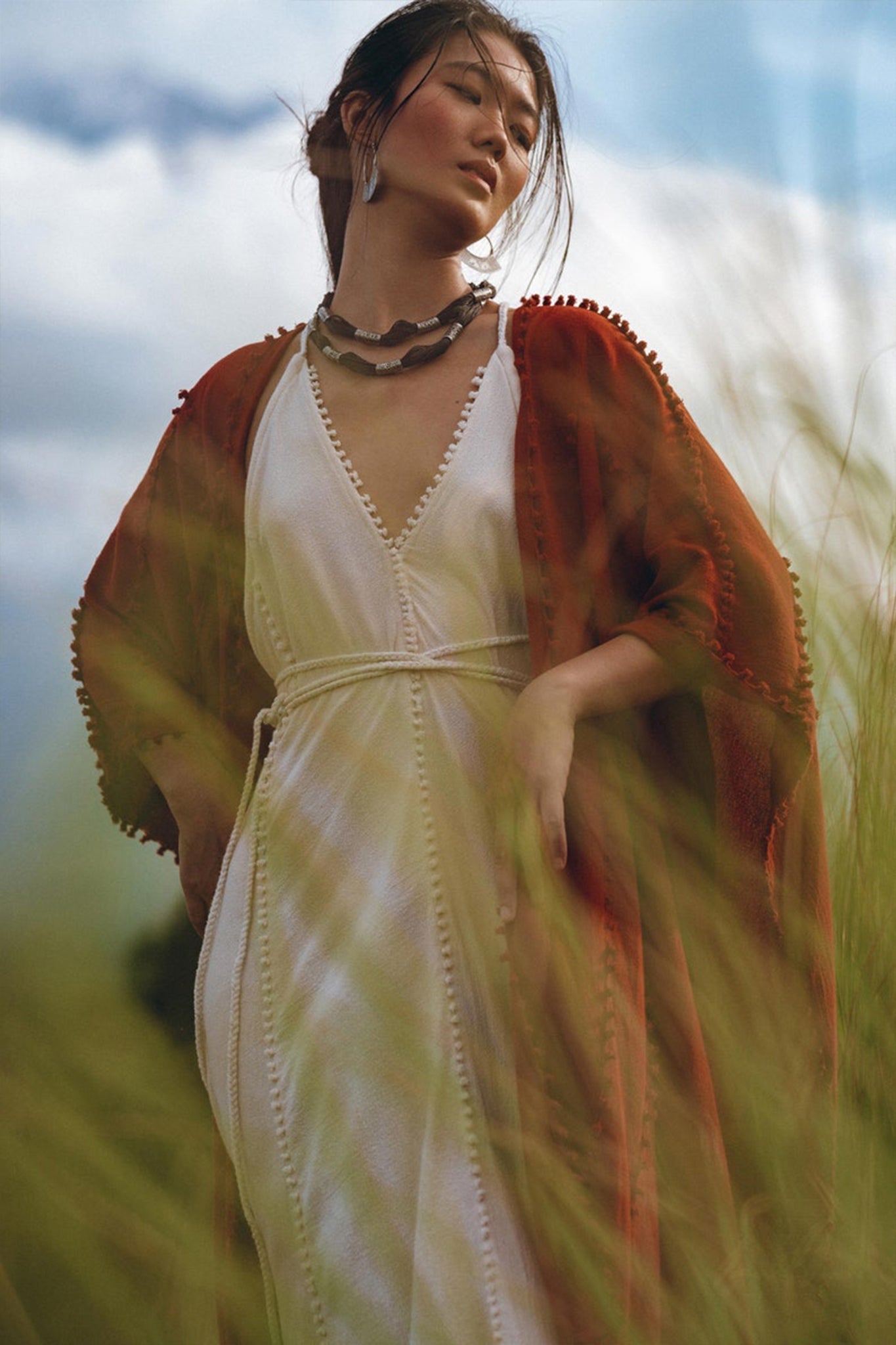 Red Poncho Robe • Boho Cape for Women • Bohemian Kimono Overcoat - AYA SW IDR