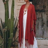 Red Poncho Robe • Boho Cape for Women • Bohemian Kimono Overcoat - AYA SW IDR