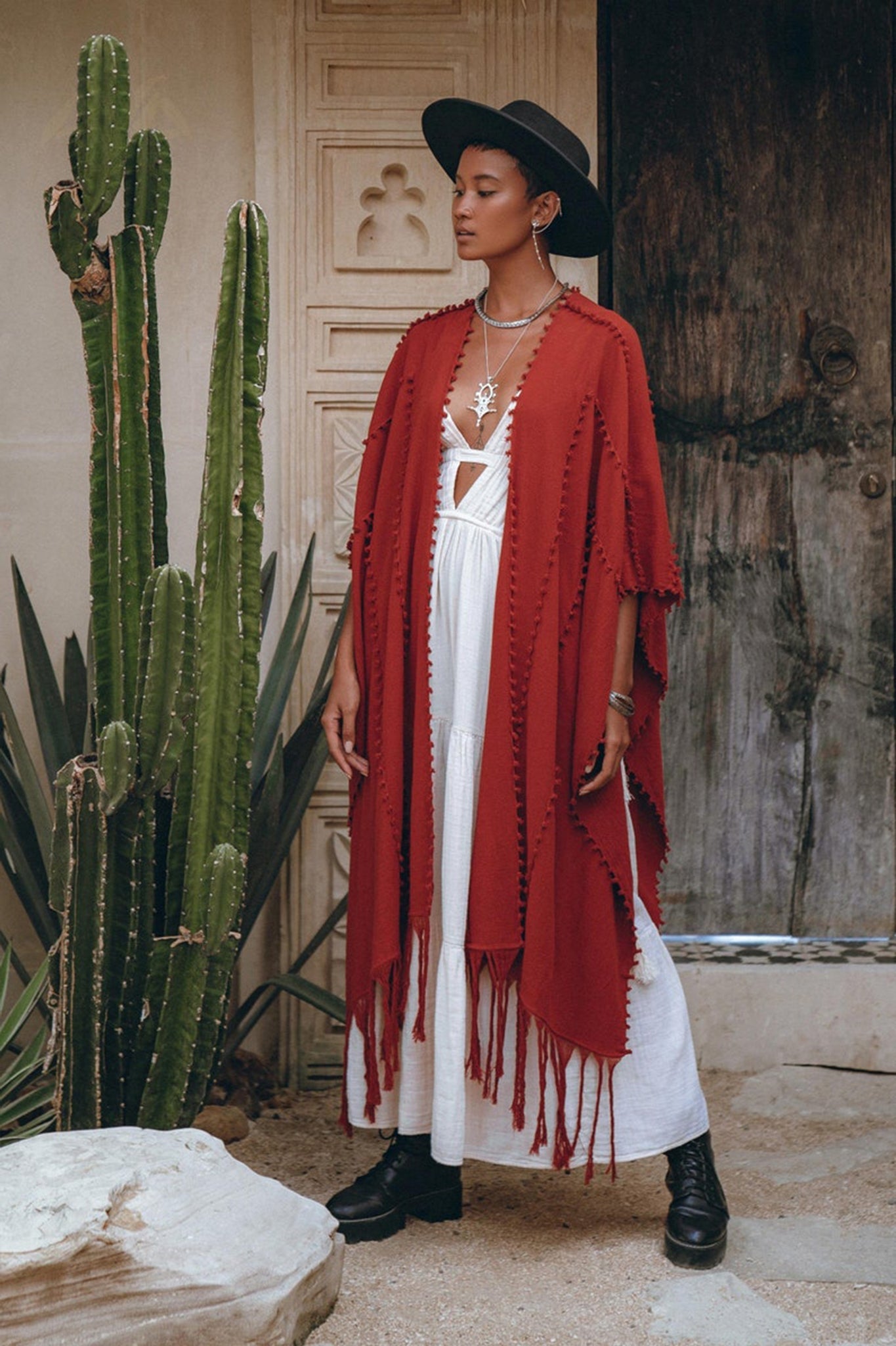 Red Poncho Robe • Boho Cape for Women • Bohemian Kimono Overcoat - AYA SW IDR