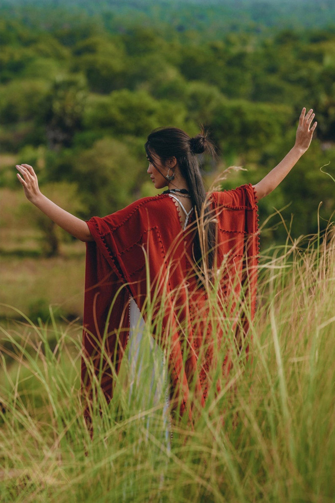 Red Poncho Robe • Boho Cape for Women • Bohemian Kimono Overcoat - AYA SW IDR
