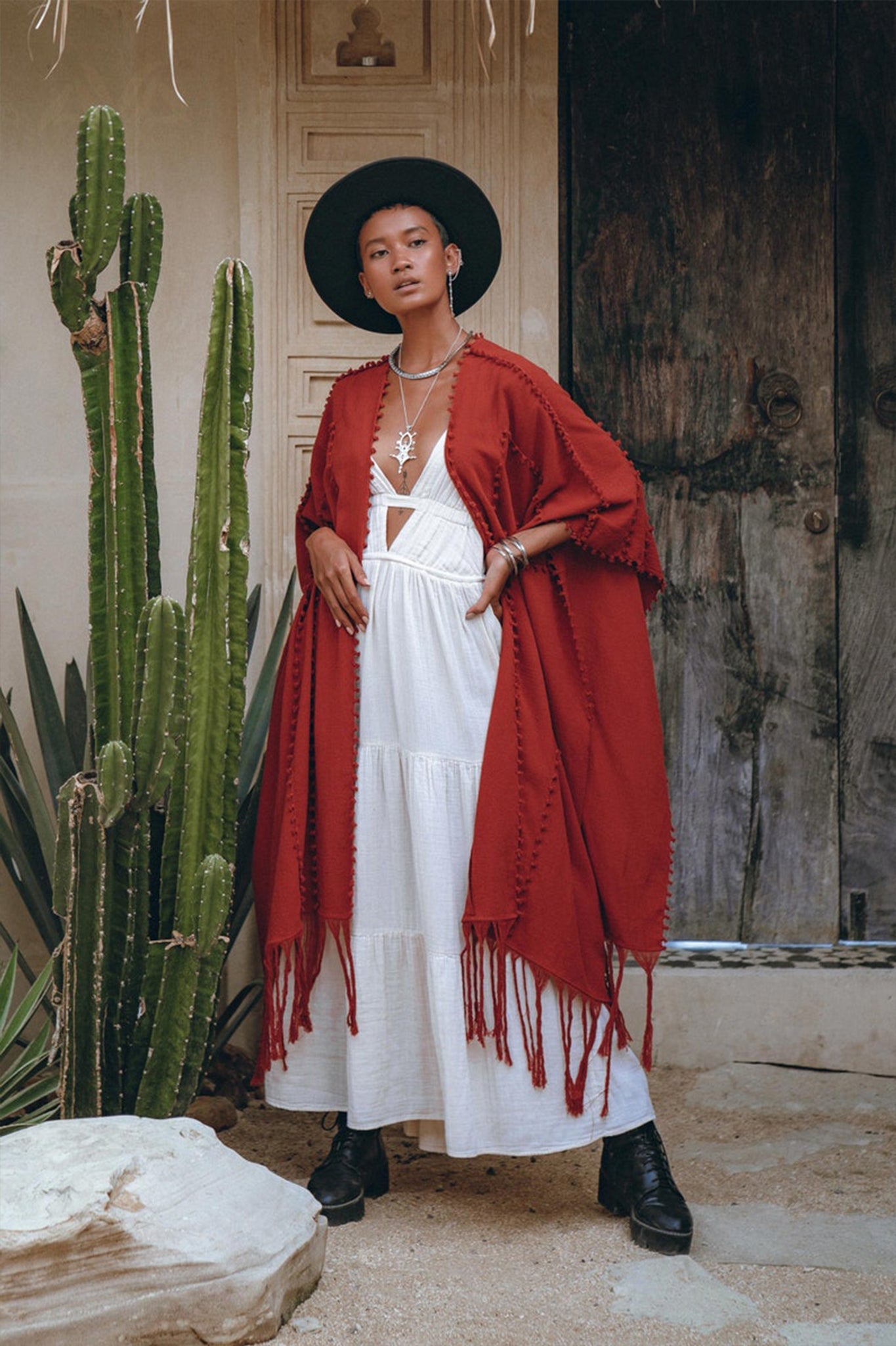 Red Poncho Robe • Boho Cape for Women • Bohemian Kimono Overcoat - AYA SW IDR