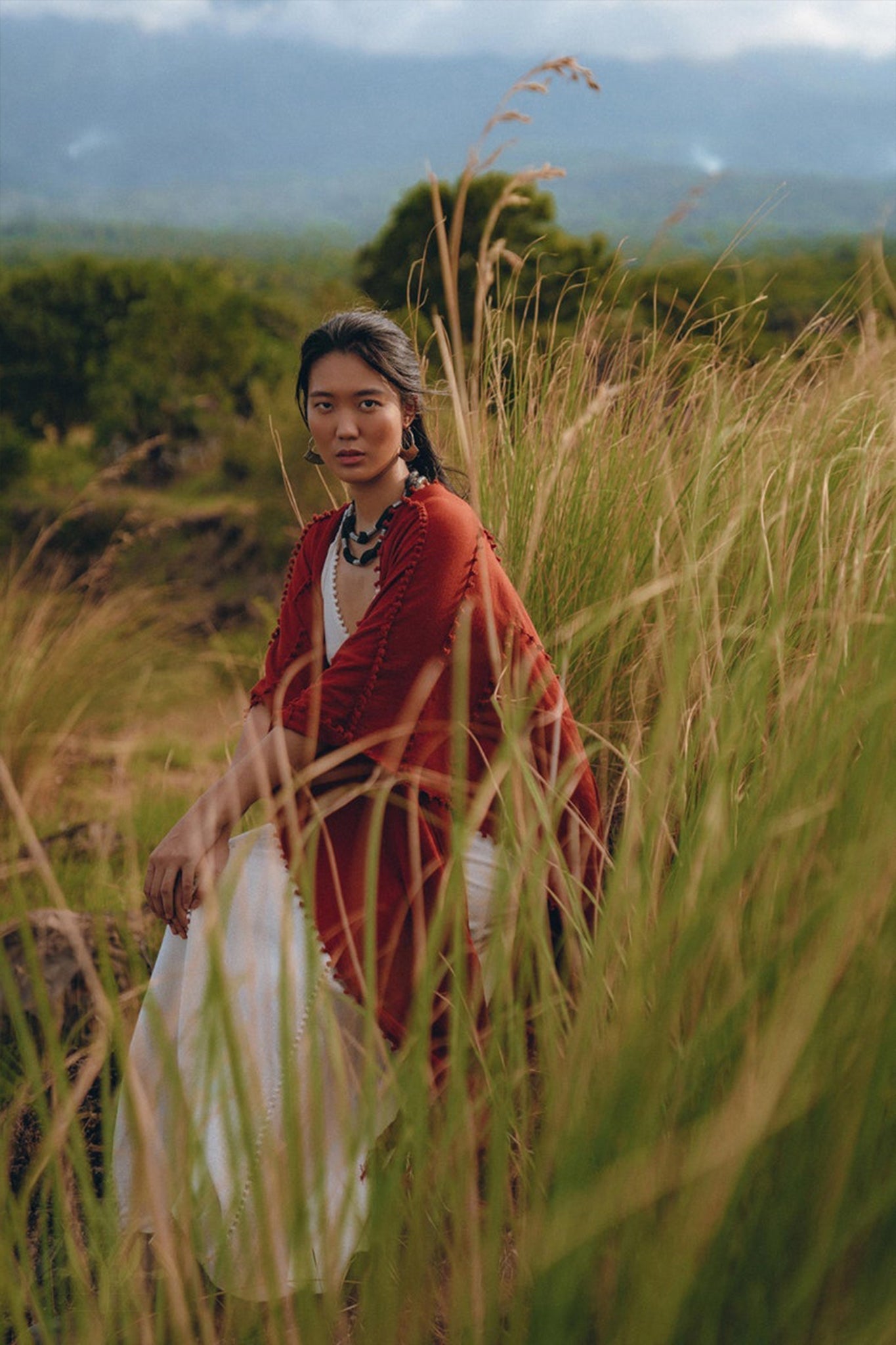Red Poncho Robe • Boho Cape for Women • Bohemian Kimono Overcoat - AYA SW IDR