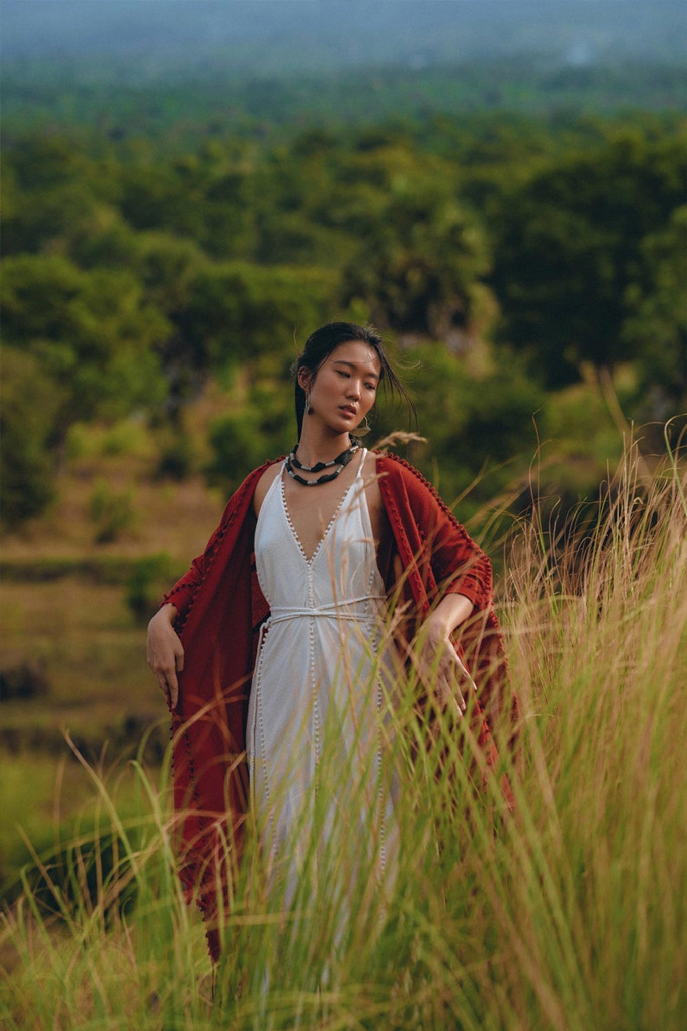 Red Poncho Robe • Boho Cape for Women • Bohemian Kimono Overcoat - AYA SW IDR