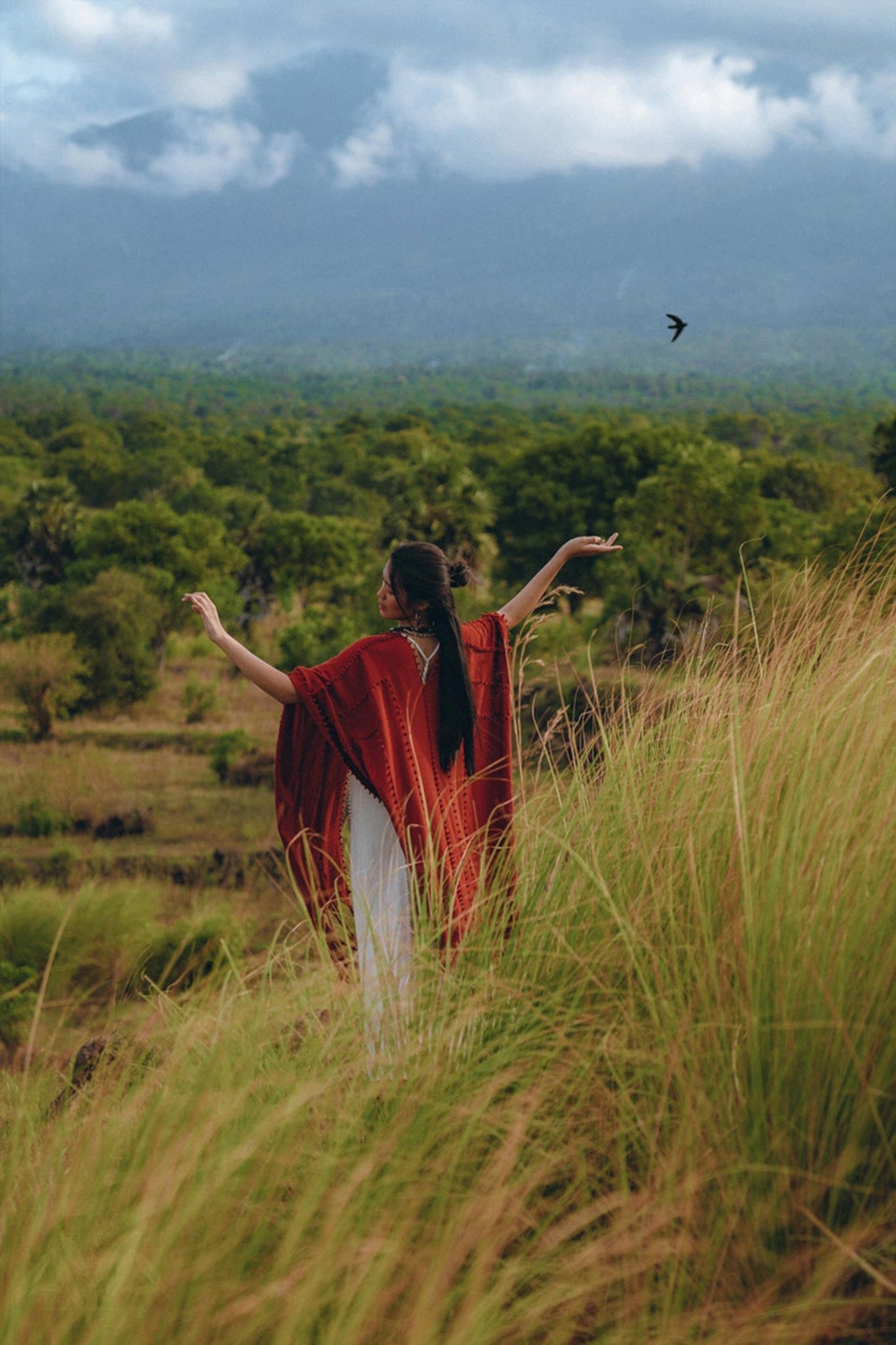 Red Poncho Robe • Boho Cape for Women • Bohemian Kimono Overcoat - AYA SW IDR