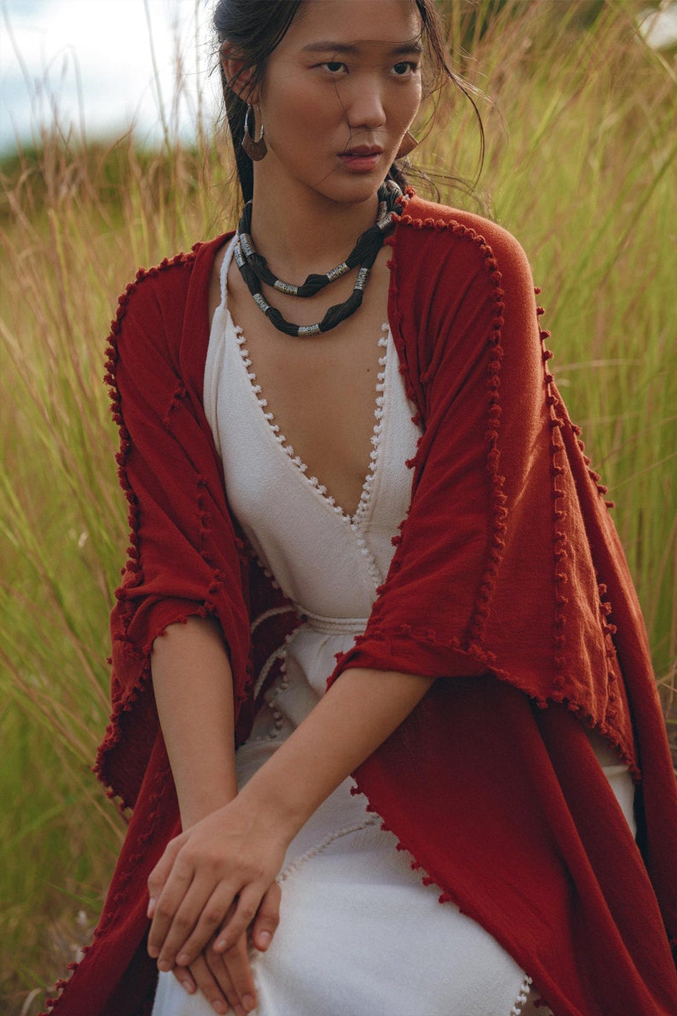 Red Poncho Robe • Boho Cape for Women • Bohemian Kimono Overcoat - AYA SW IDR