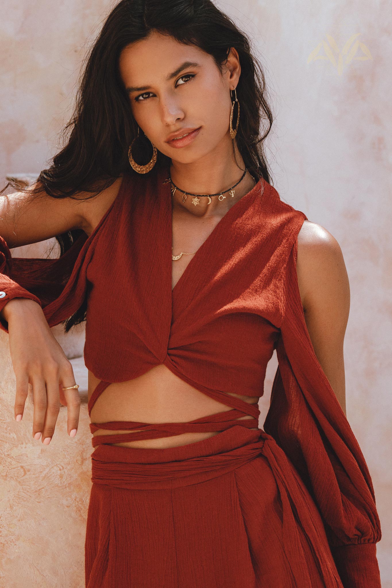 Red Rose Ambrosia Set • Adjustable Crop Top and Pants • One Set Organic Boho Top & Trousers - AYA SW IDR