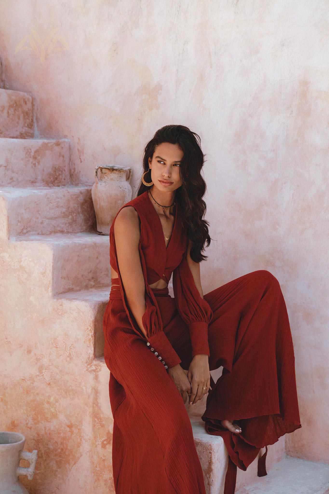 Red Rose Ambrosia Set • Adjustable Crop Top and Pants • One Set Organic Boho Top & Trousers - AYA SW IDR