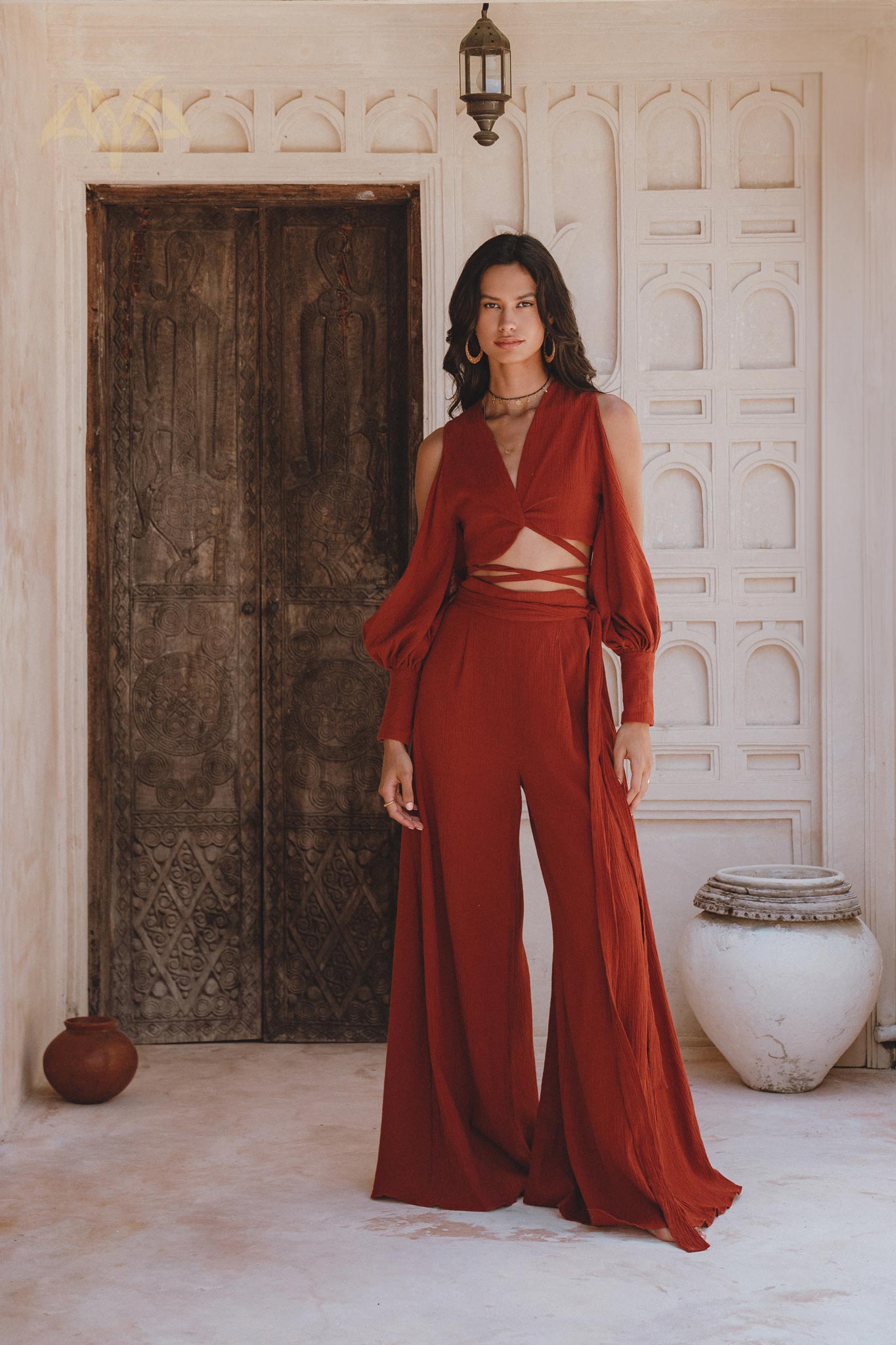 Red Rose Ambrosia Set • Adjustable Crop Top and Pants • One Set Organic Boho Top & Trousers - AYA SW IDR
