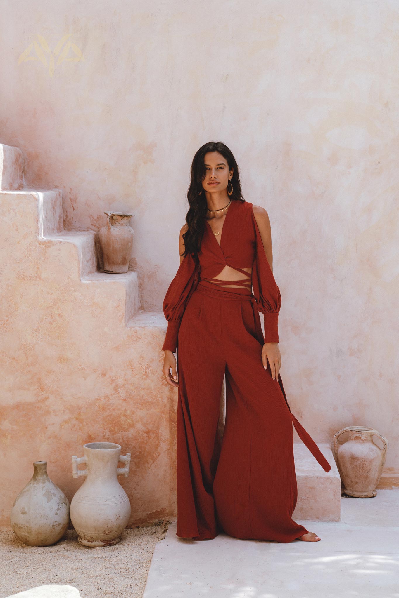 Red Rose Ambrosia Set • Adjustable Crop Top and Pants • One Set Organic Boho Top & Trousers - AYA SW IDR