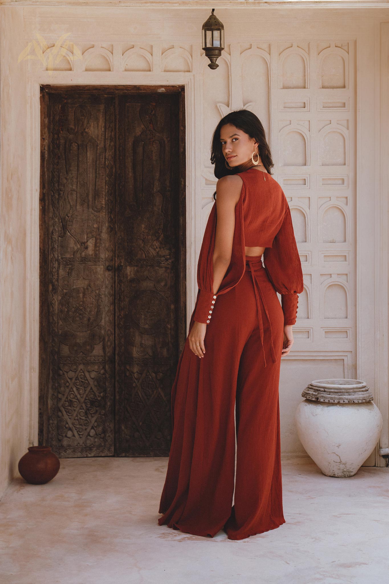 Red Rose Ambrosia Set • Adjustable Crop Top and Pants • One Set Organic Boho Top & Trousers - AYA SW IDR