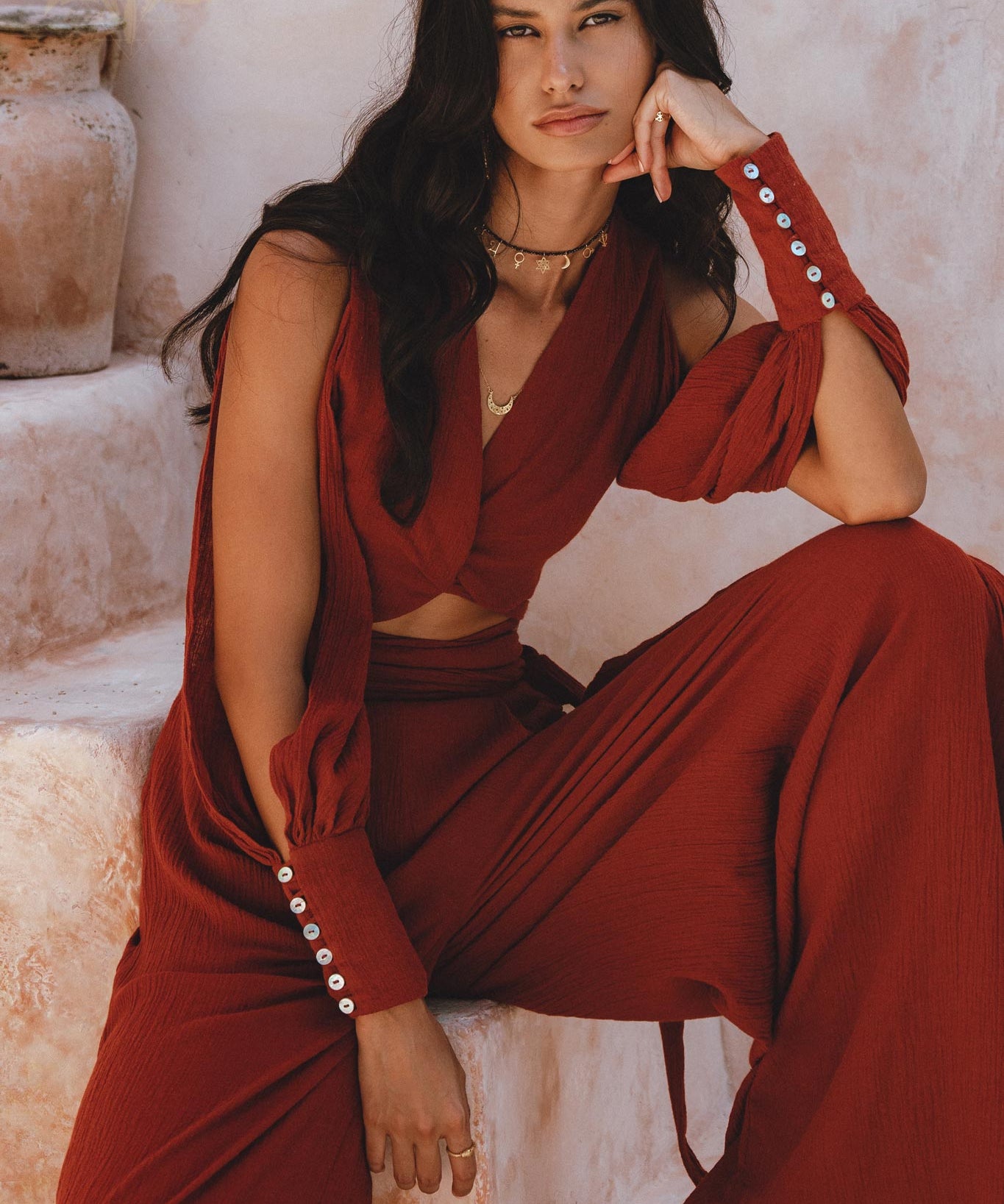 Red Rose Ambrosia Set • Adjustable Crop Top and Pants • One Set Organic Boho Top & Trousers - AYA SW IDR