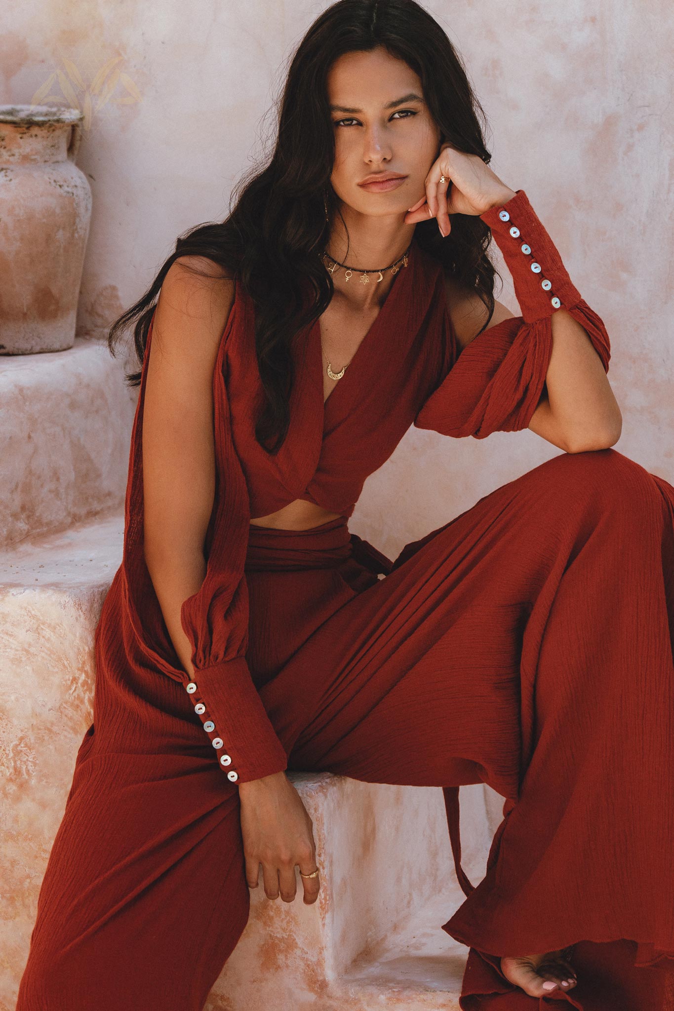 Red Rose Ambrosia Set • Adjustable Crop Top and Pants • One Set Organic Boho Top & Trousers - AYA SW IDR