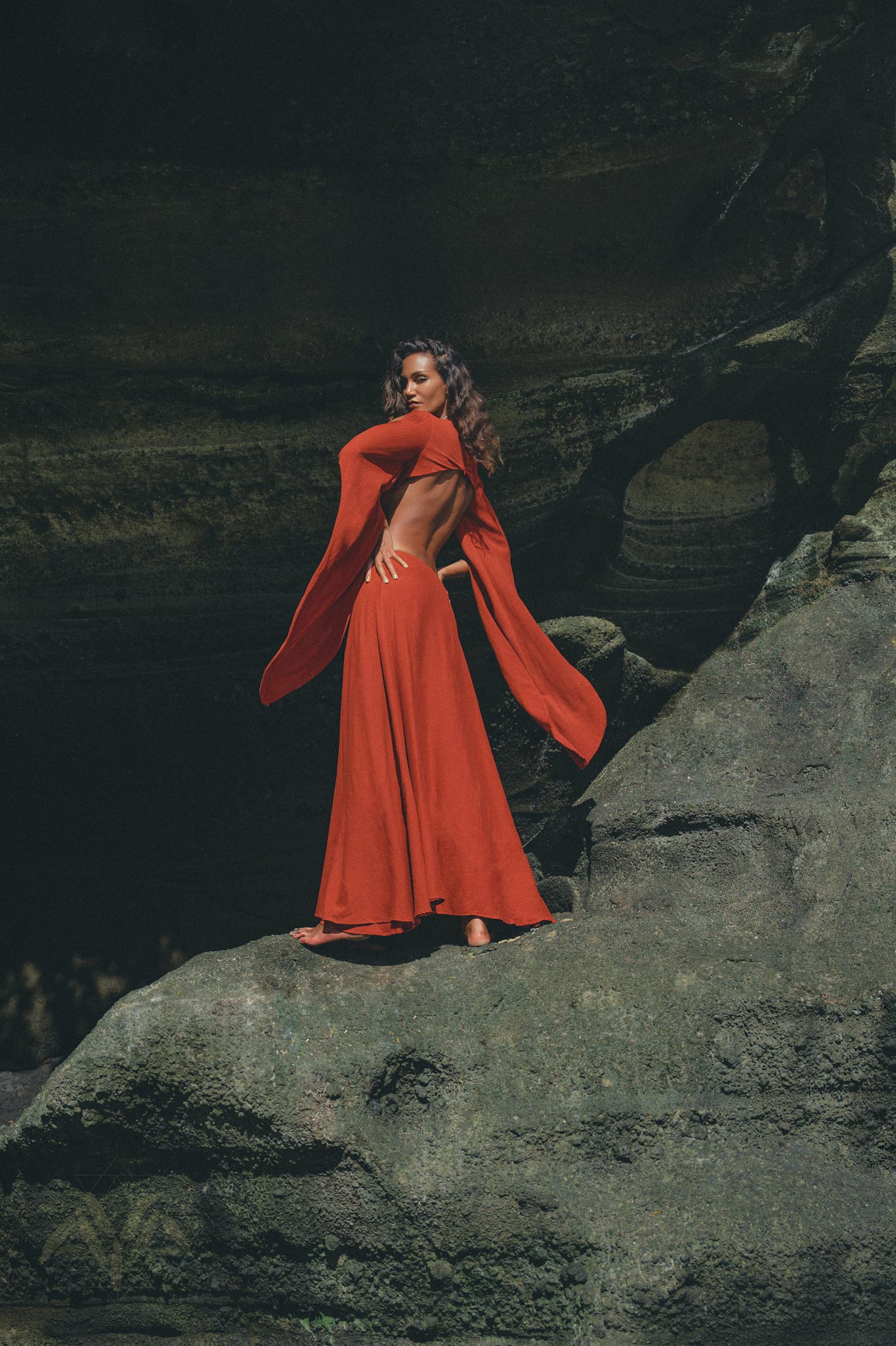 Red Rose Greek Goddess Dress • Boho Bridesmaid Dress • Bell Sleeves Dress - AYA SW IDR