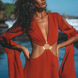 Red Rose Greek Goddess Dress • Boho Bridesmaid Dress • Bell Sleeves Dress - AYA SW IDR