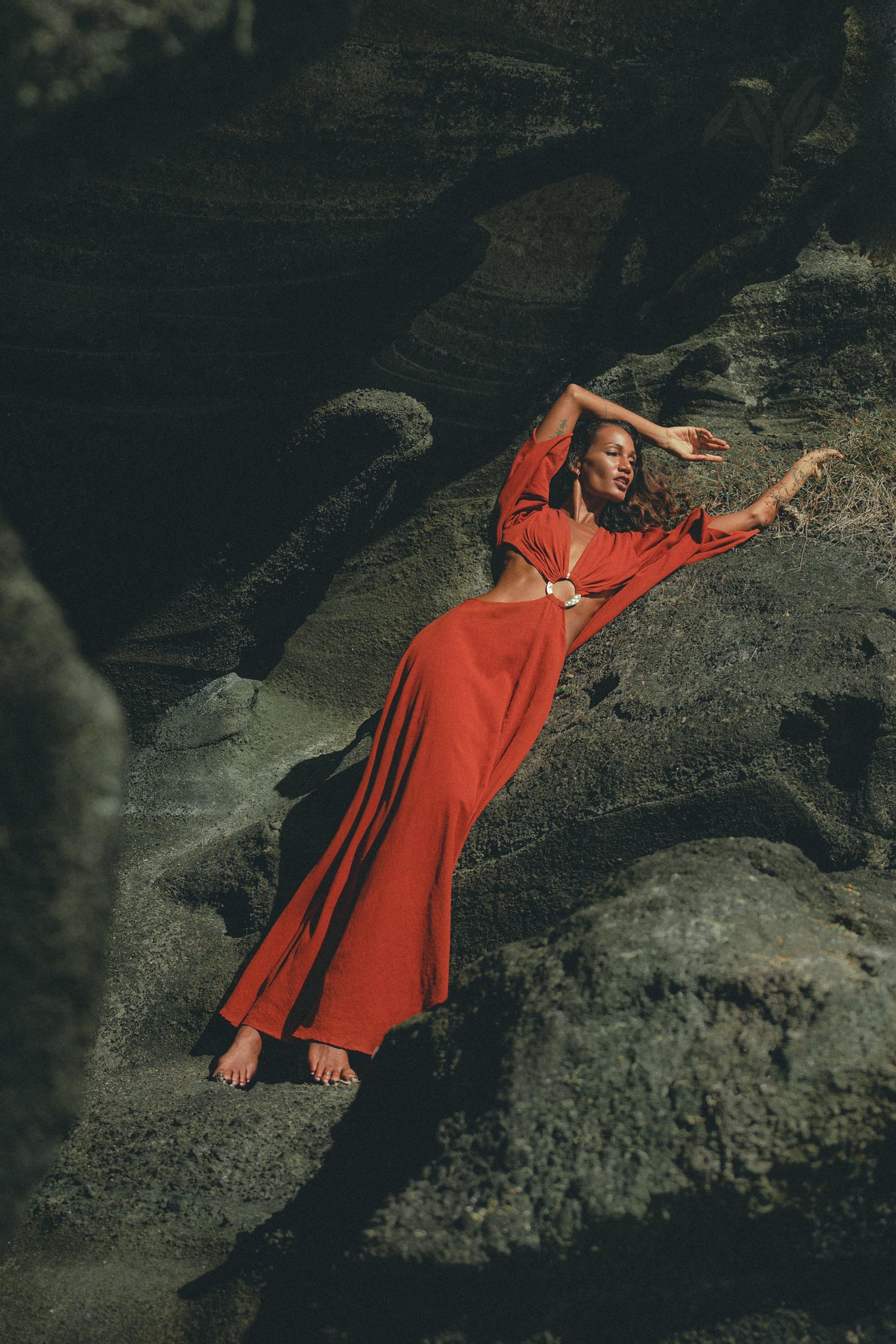 Red Rose Greek Goddess Dress • Boho Bridesmaid Dress • Bell Sleeves Dress - AYA SW IDR