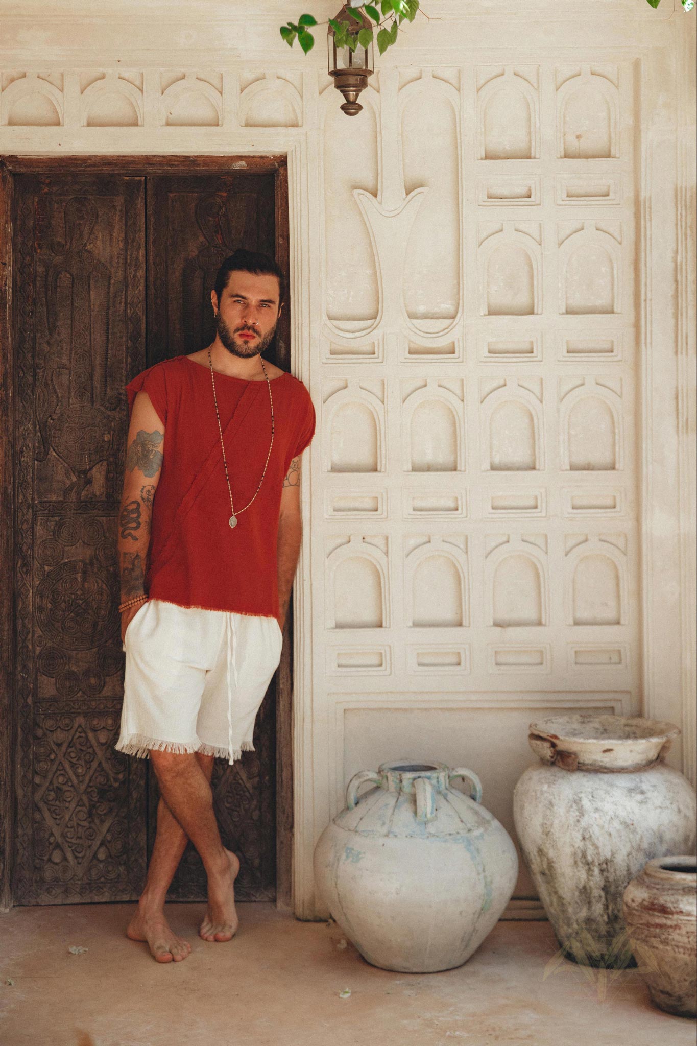 Red Raw Edge Thick Cotton Top Tee for Men by AYA Sacred Wear