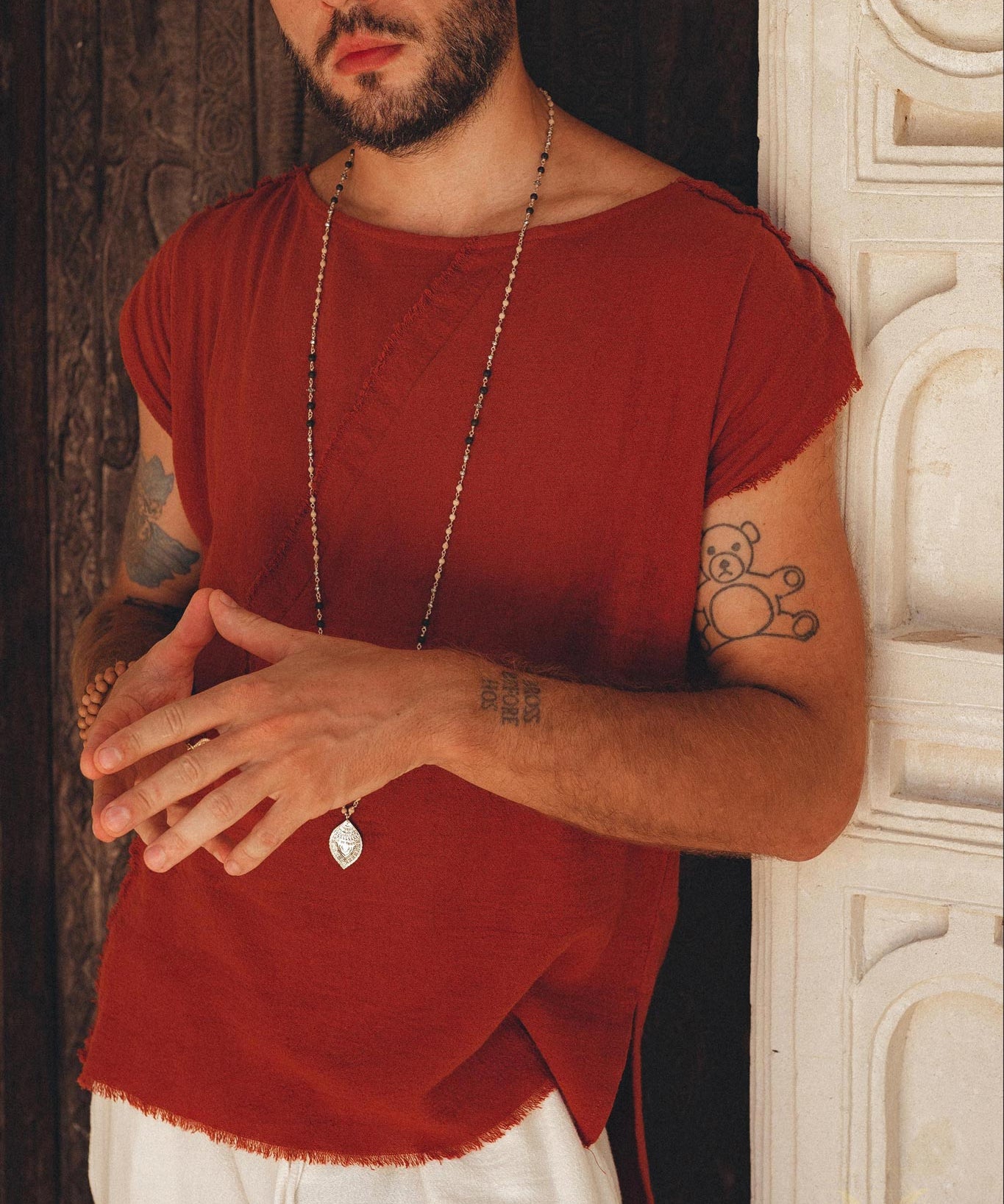 Red Raw Edge Thick Cotton Top Tee for Men by AYA Sacred Wear