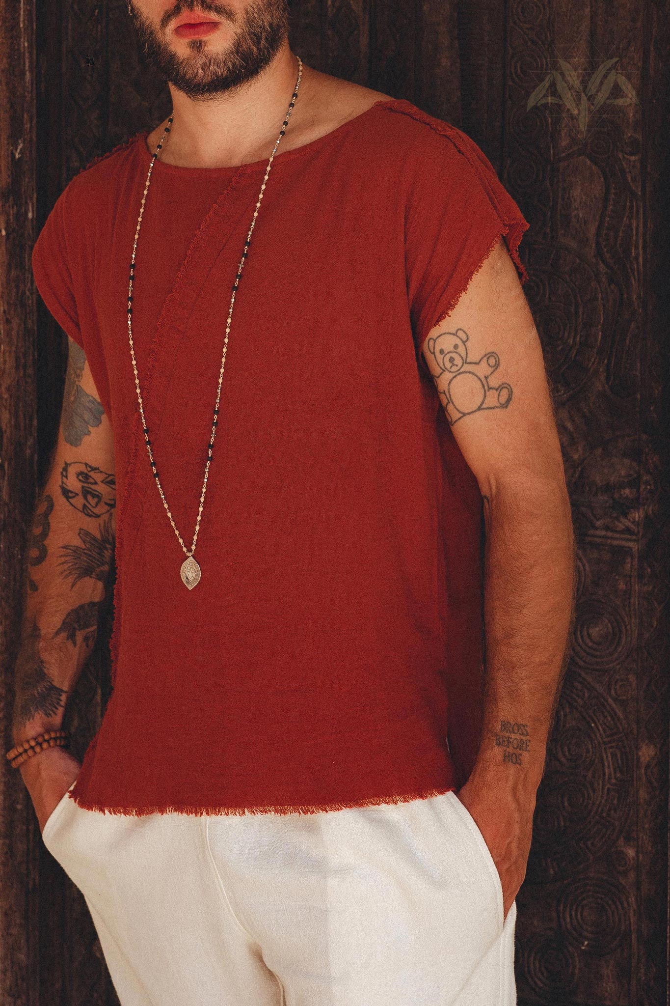 Red Raw Edge Thick Cotton Top Tee for Men by AYA Sacred Wear