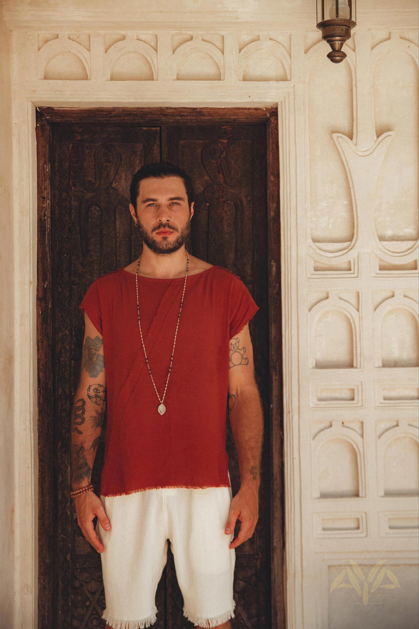 Red Raw Edge Thick Cotton Top Tee for Men by AYA Sacred Wear