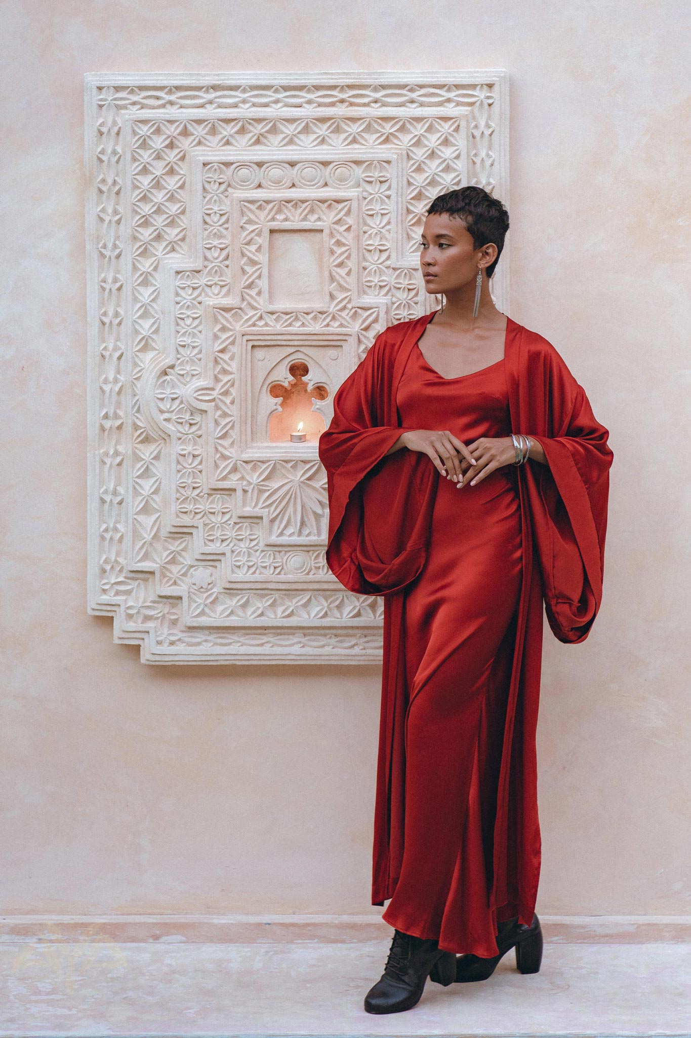 Wine Red Silk Boho Kimono Cover, Wide Sleeve Bohemian Kaftan Cardigan - AYA Sacred Wear