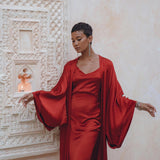 Wine Red Silk Boho Kimono Cover, Wide Sleeve Bohemian Kaftan Cardigan - AYA Sacred Wear