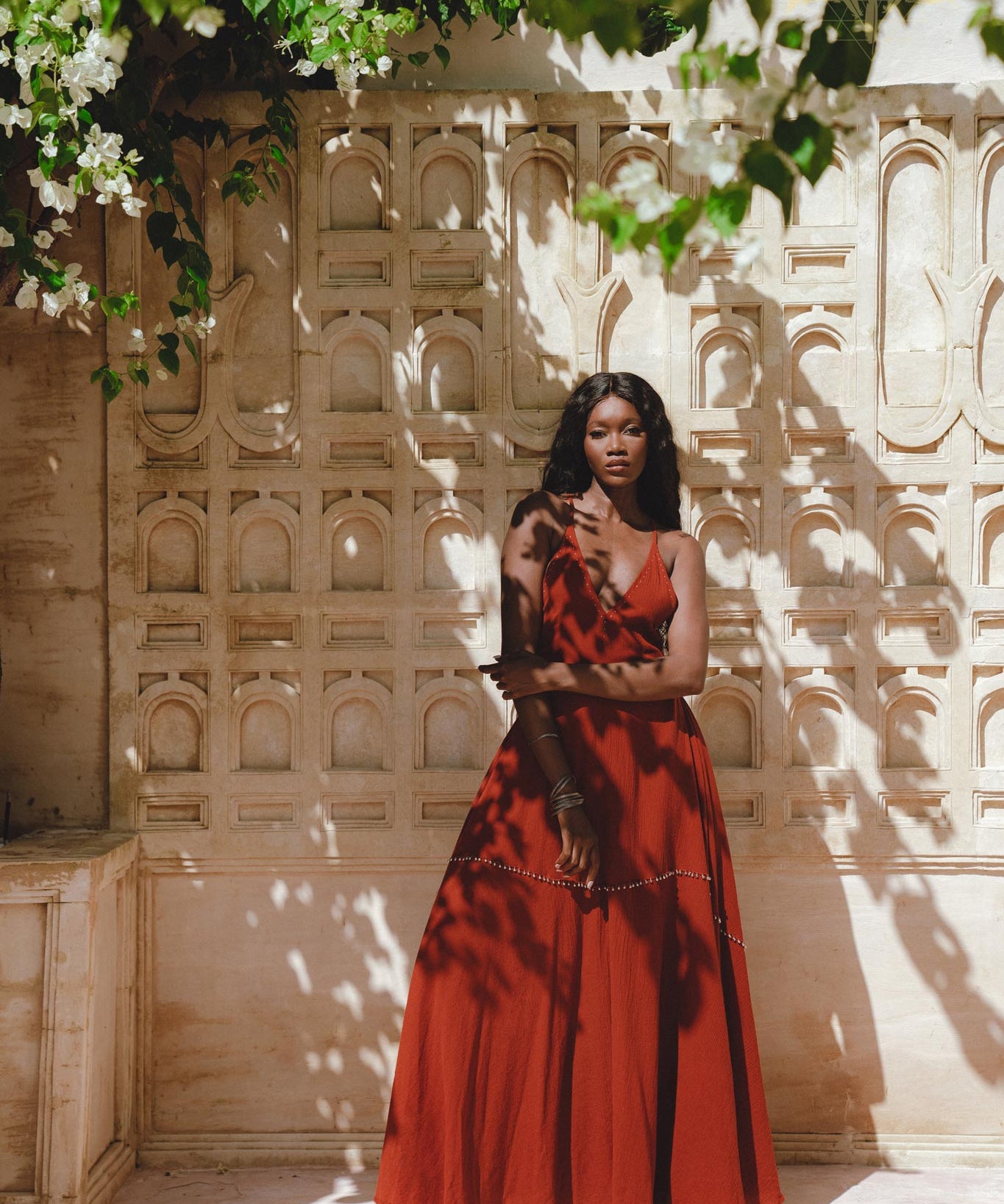 Red Wine Goddess Summer Dress: Open shoulder design, decorated with hand-embroidered bust and bells, inspired by the belief in attracting all that is good.
