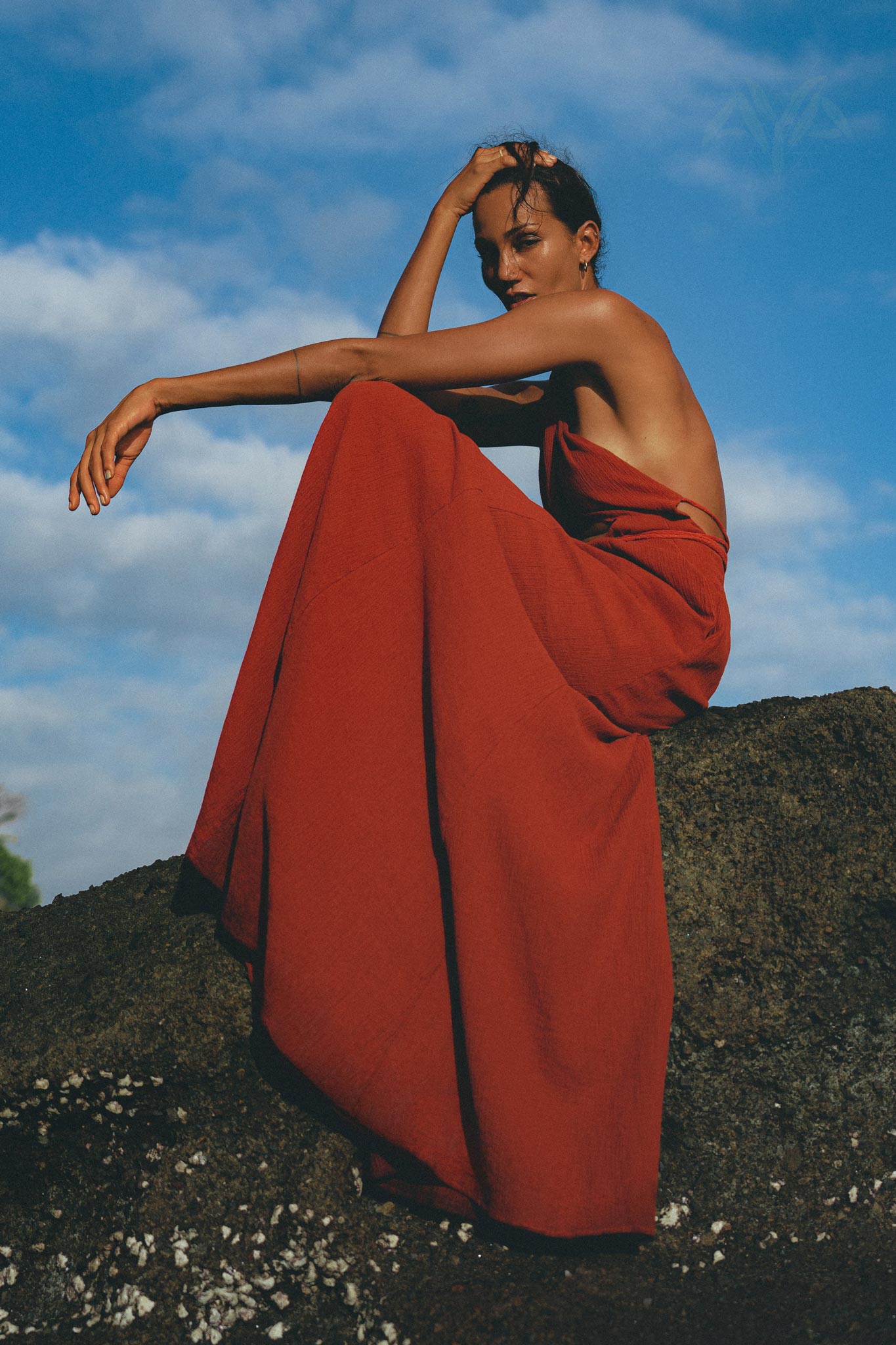 Flaunt your figure with an organic boho look! Red wine dress adjustable with an open back & belly. 