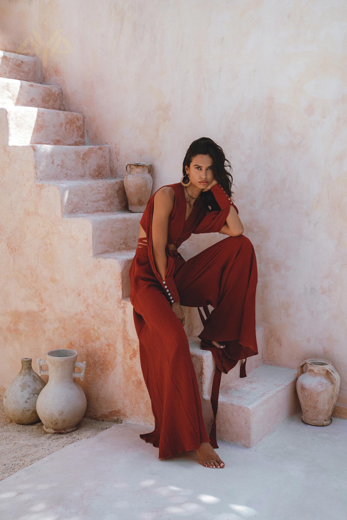 Boho Organic Top & Trousers Set for Women, Adjustable, Decorated with Seashell Buttons, Linen Cotton Blend.