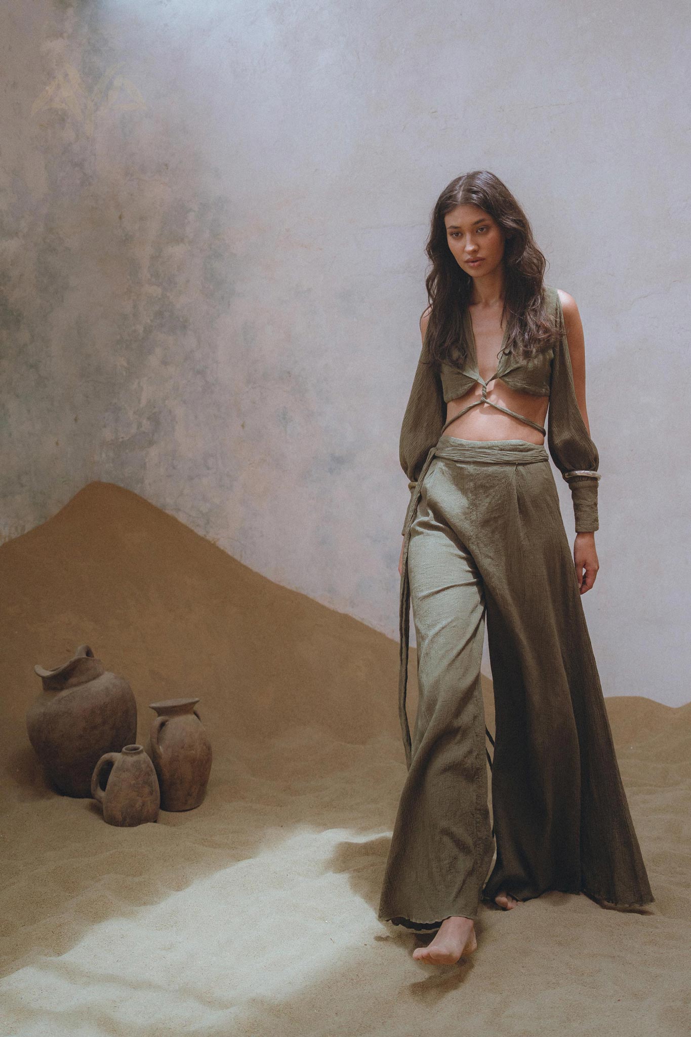 Sage Ambrosia Set Top and Pants • Adjustable Crop Top & Trousers • Boho Casual Set for Women - AYA SW IDR