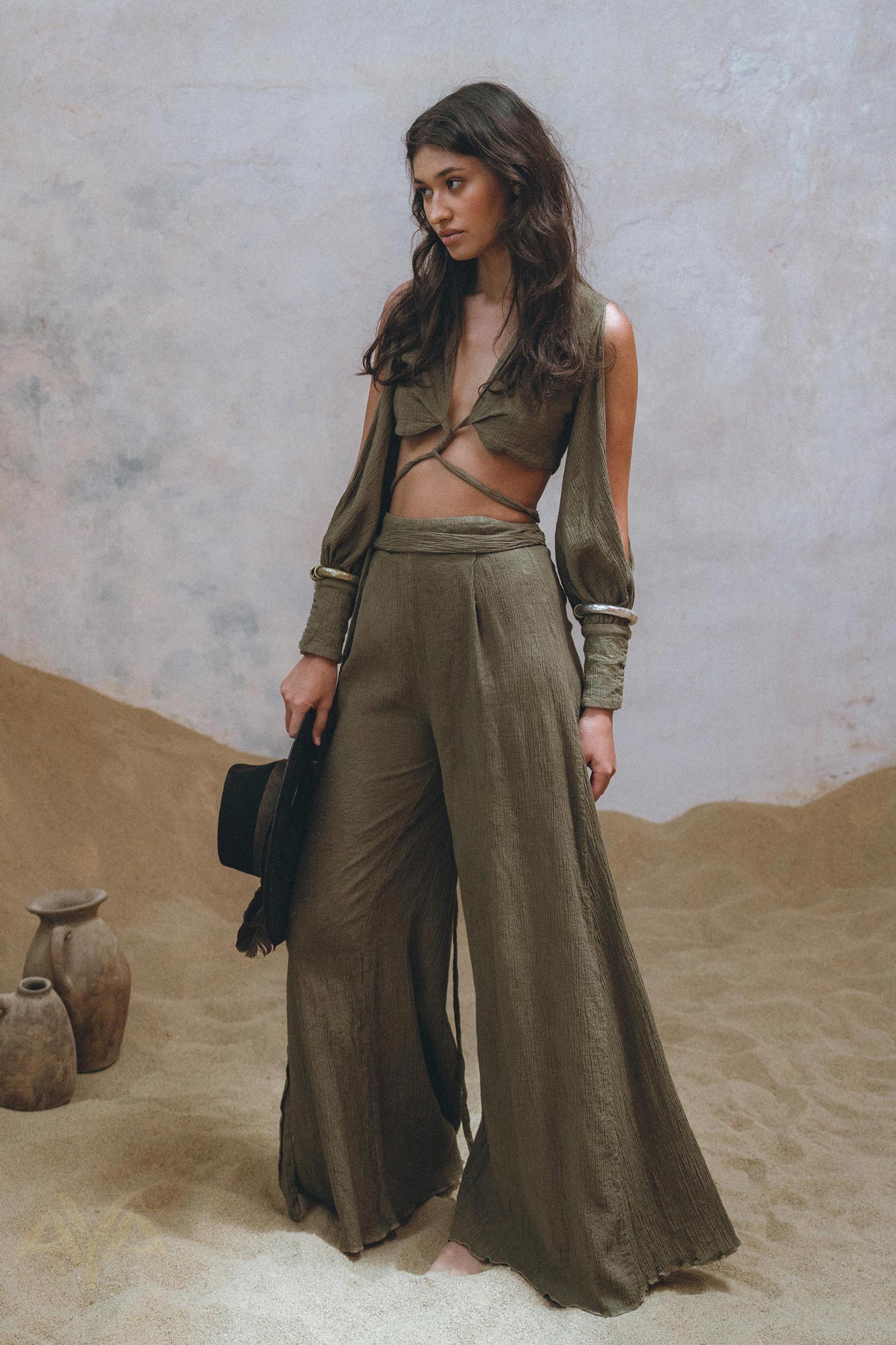 Sage Ambrosia Set Top and Pants • Adjustable Crop Top & Trousers • Boho Casual Set for Women - AYA SW IDR