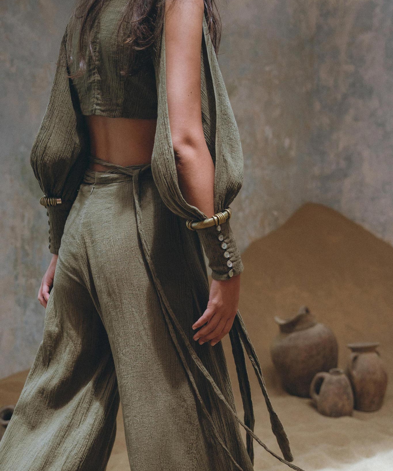 Sage Ambrosia Set Top and Pants • Adjustable Crop Top & Trousers • Boho Casual Set for Women - AYA SW IDR