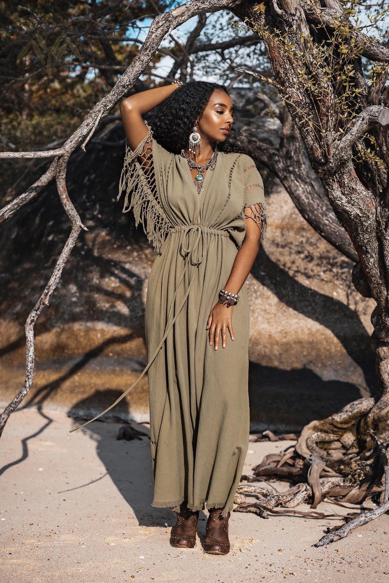 Sage Green Boho Dress • Plus Size Dress for Women • Kaftan Maxi Dress - AYA SW IDR
