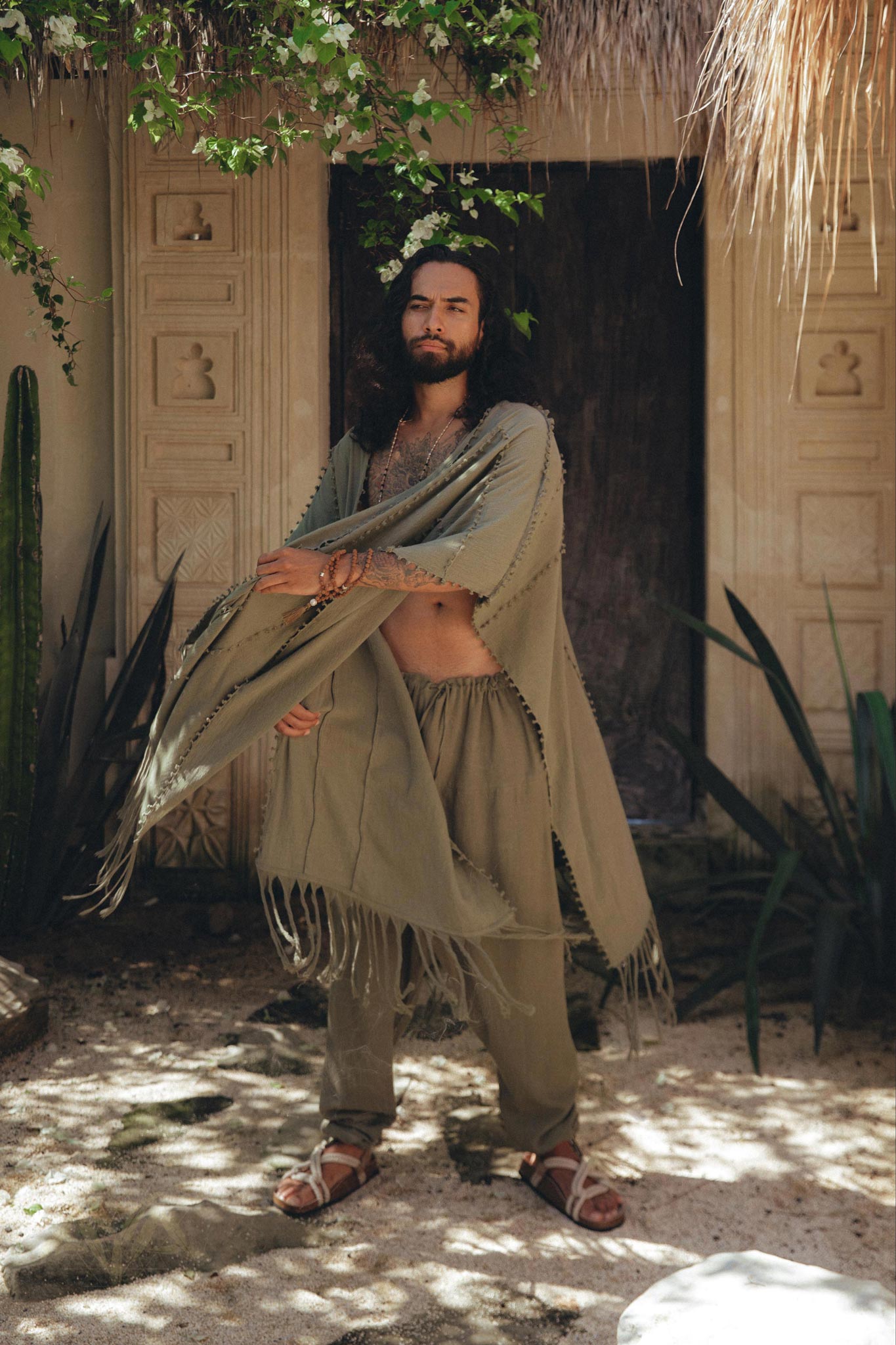 Sage Green Raw Cotton Minimalist Poncho for Men - AYA SW IDR