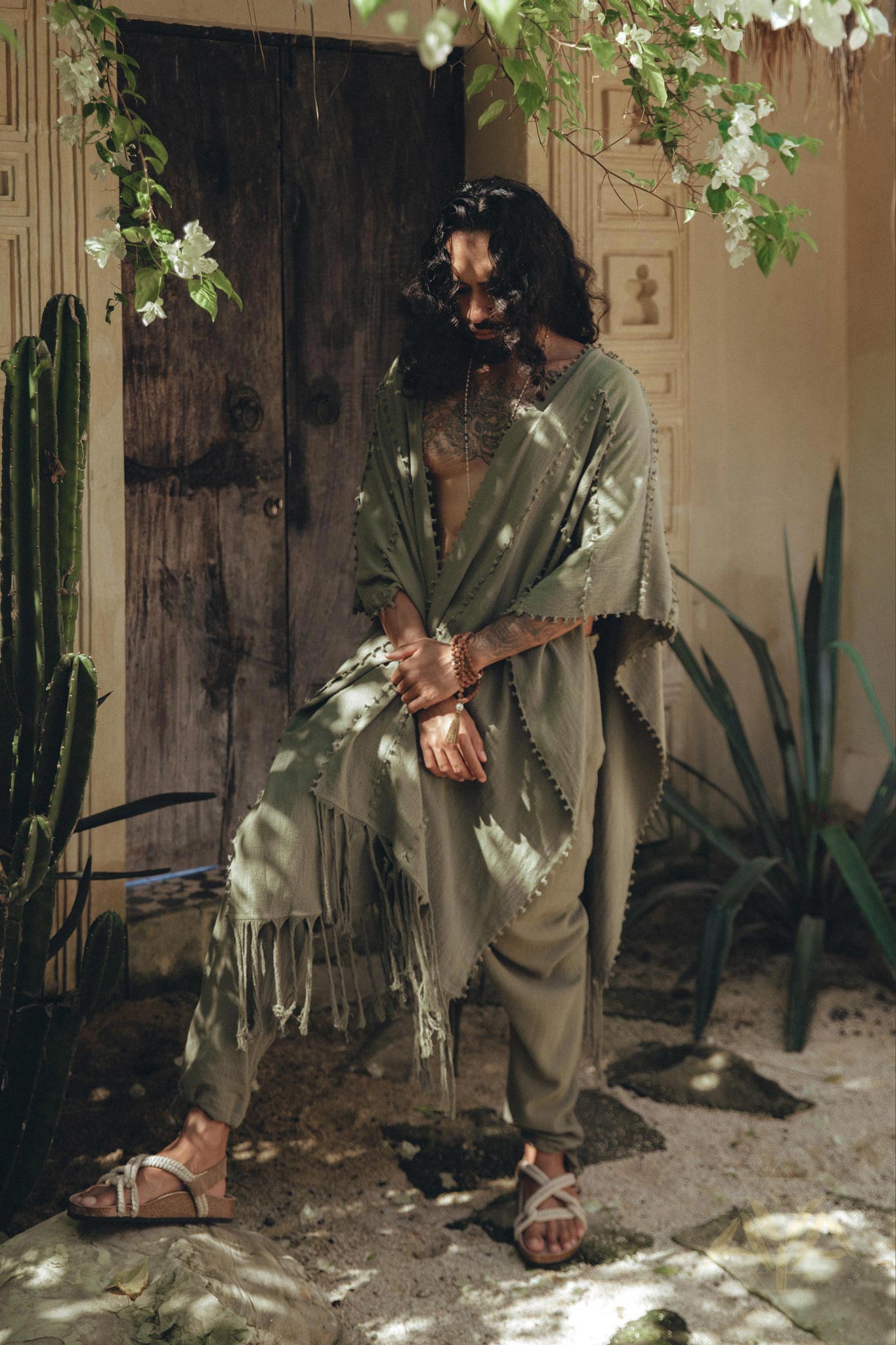 Sage Green Raw Cotton Minimalist Poncho for Men - AYA SW IDR