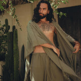 Sage Green Raw Cotton Minimalist Poncho for Men - AYA SW IDR