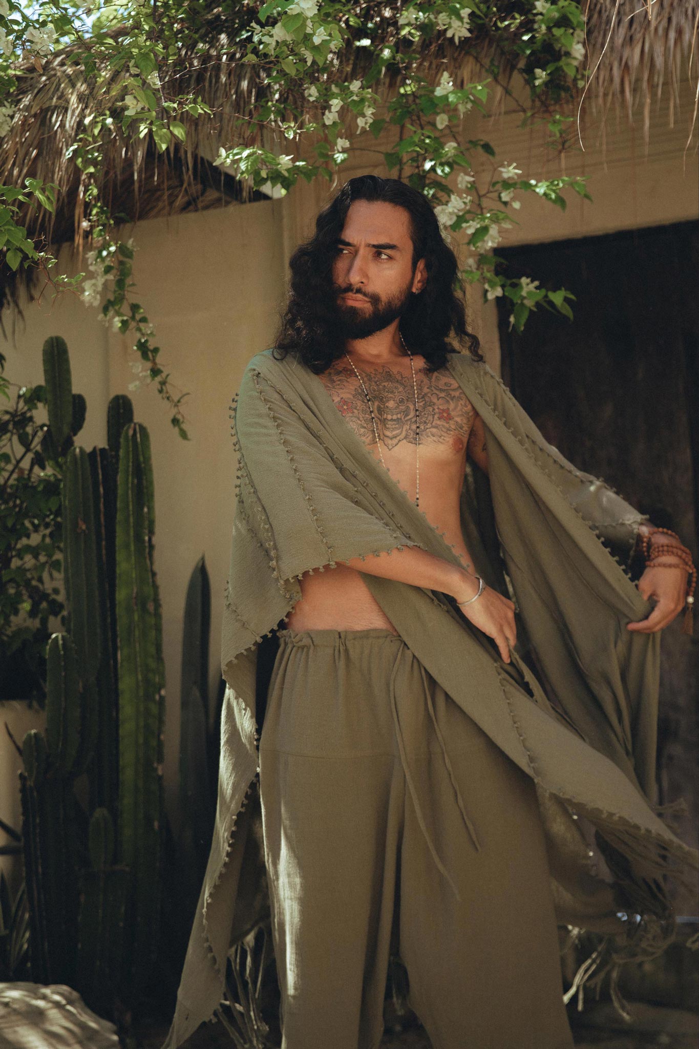 Sage Green Raw Cotton Minimalist Poncho for Men - AYA SW IDR