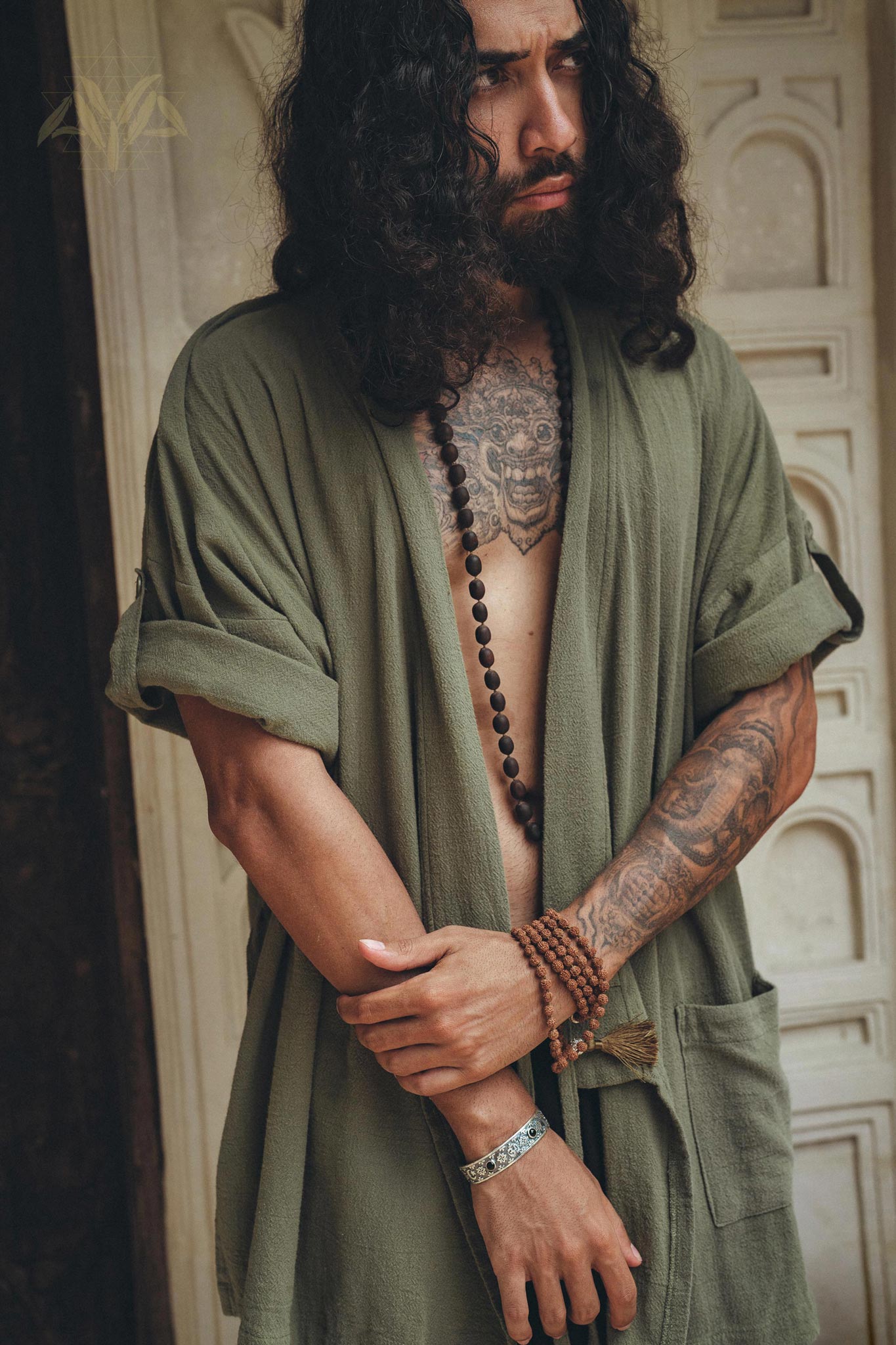 Sage Green Tribal Kimono Robe for Men - AYA SW IDR